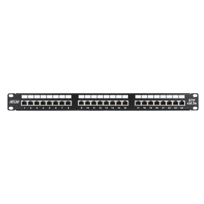 Коммутационная панель NETLAN 19", 1U, 24 порта, Кат.5e (Класс D), 100МГц, RJ45/8P8C, 110/KRONE, T568A/B, экранированная, черная