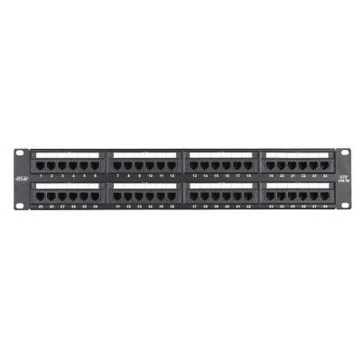 Коммутационная панель NETLAN 19", 2U, 48 портов, Кат.5e (Класс D), 100МГц, RJ45/8P8C, 110/KRONE, T568A/B, неэкранированная, черная